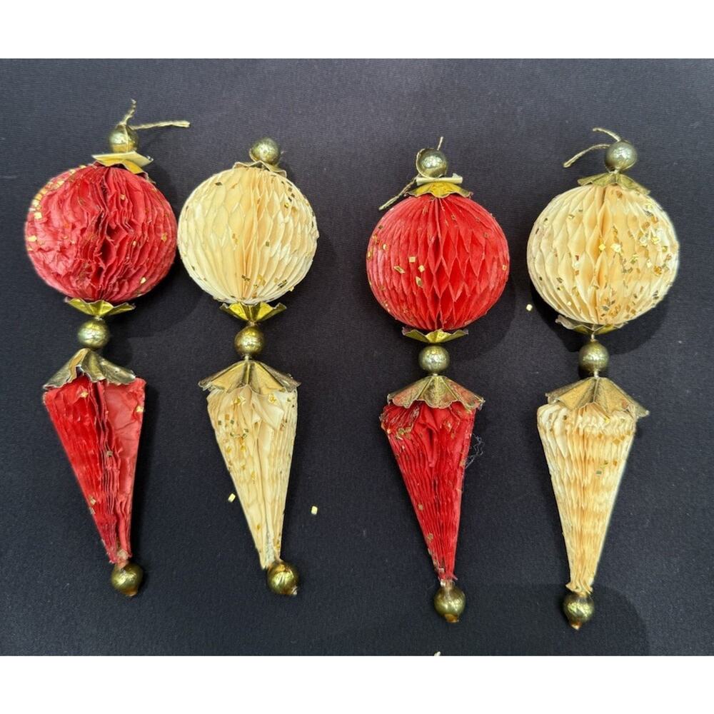 4 Holt Howard Honeycomb 2 Tier Paper Christmas Ornaments MCM Mercury Beads